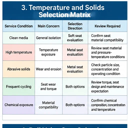 Ball valve seat selection matrix for temperature and solids service conditions