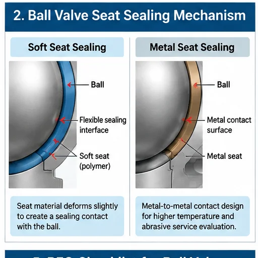 Ball valve soft seat and metal seat sealing mechanism illustration