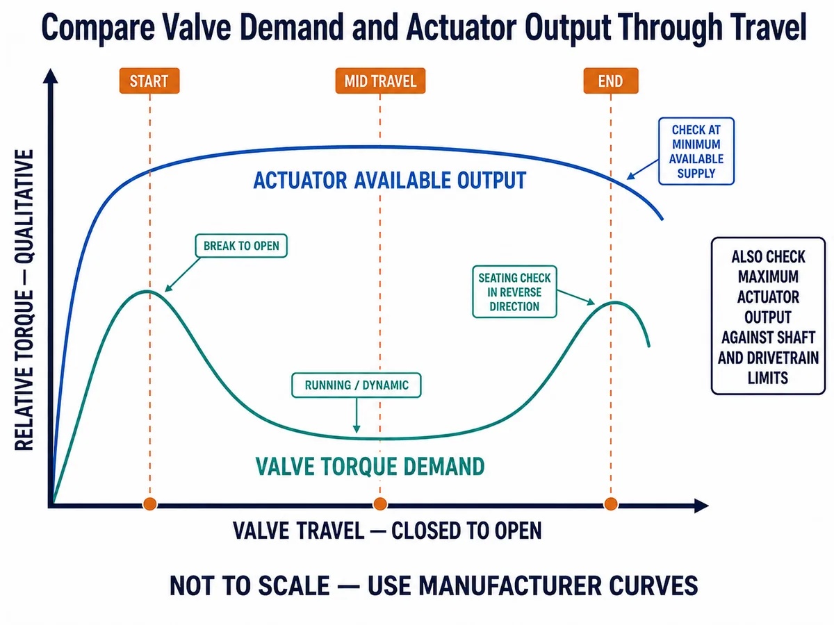 Butterfly Valve Actuator Sizing: Torque, Pressure Drop and Flow Inputs 5 Conceptual butterfly valve torque demand and actuator output comparison through valve travel