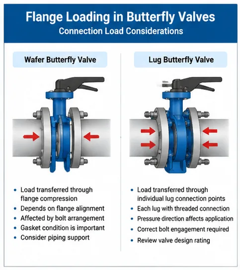 Butterfly valve flange loading comparison diagram for wafer and lug connections
