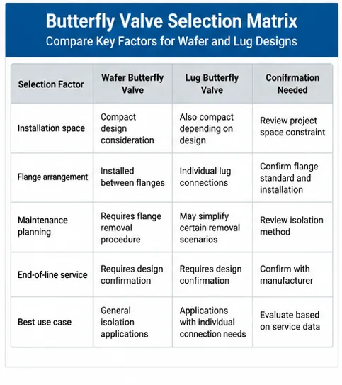 Butterfly valve selection matrix Butterfly valve selection matrix comparing wafer and lug design factors