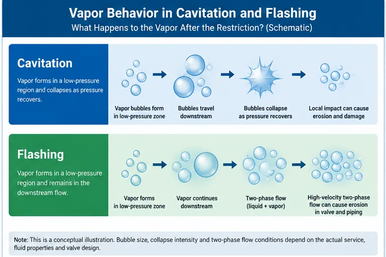 Control Valve Cavitation vs Flashing: Pressure Recovery, Damage Patterns, Sizing and Mitigation 2 control valve cavitation flashing vapor behavior