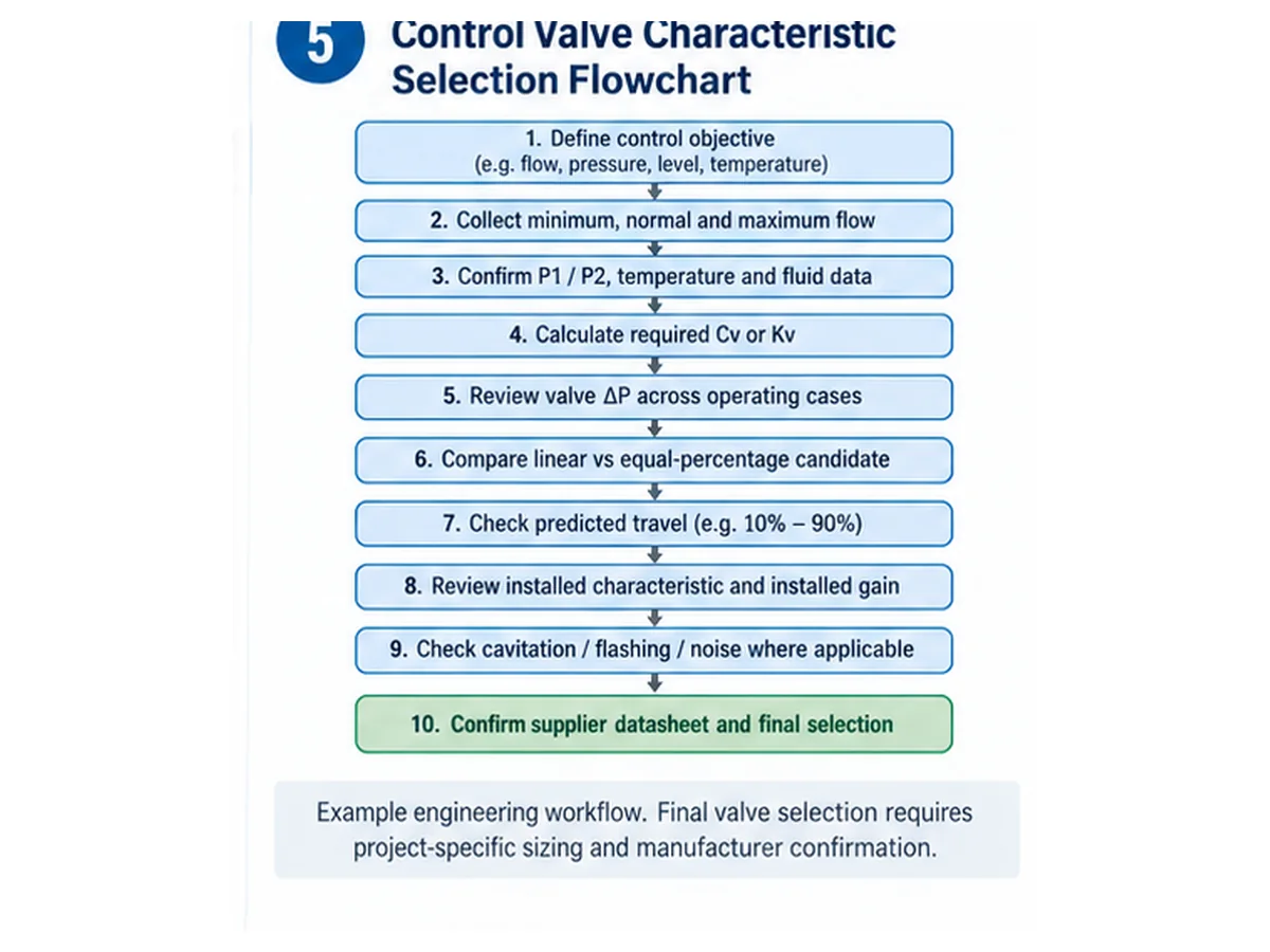 Control valve characteristic selection flowchart from process data through Cv travel installed gain and final review