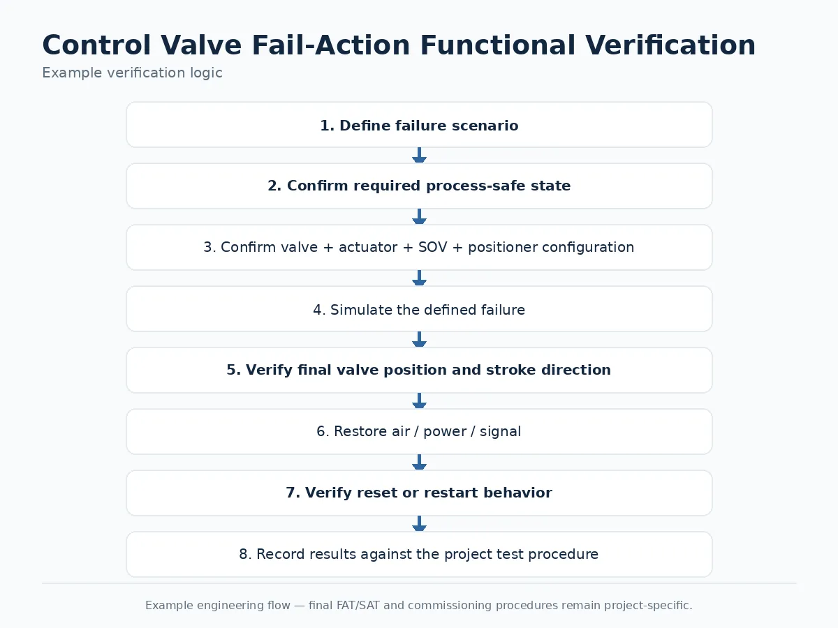 Control valve fail-action functional verification flowchart