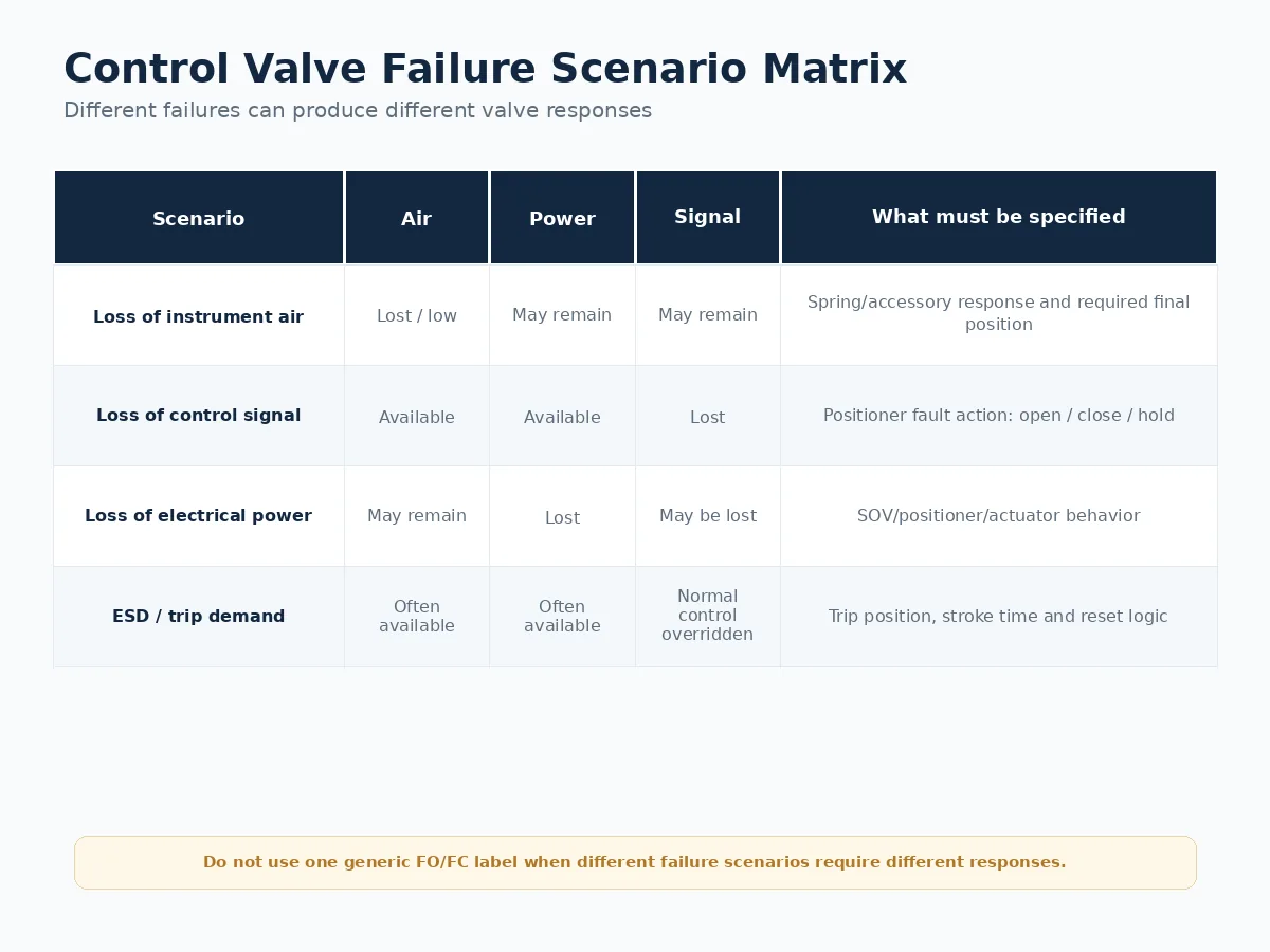 Control valve failure scenario matrix for air, signal, power and ESD conditions