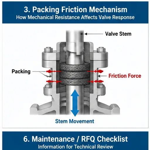 Control valve packing friction mechanism affecting stem movement response