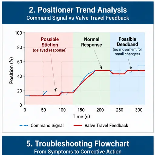 Control valve positioner trend analysis comparing command signal and valve travel feedback