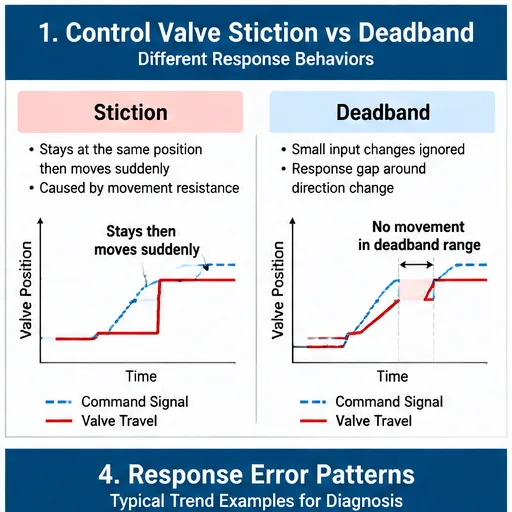 Control valve stiction vs deadband response behavior comparison diagram
