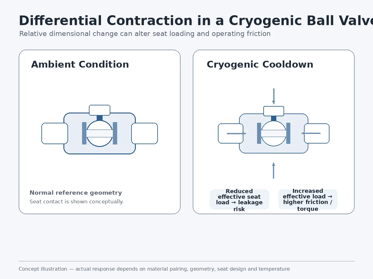 Differential contraction between ball, seat, body and stem in a cryogenic ball valve