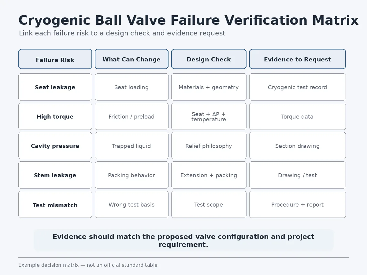 Cryogenic ball valve failure mode and verification evidence matrix