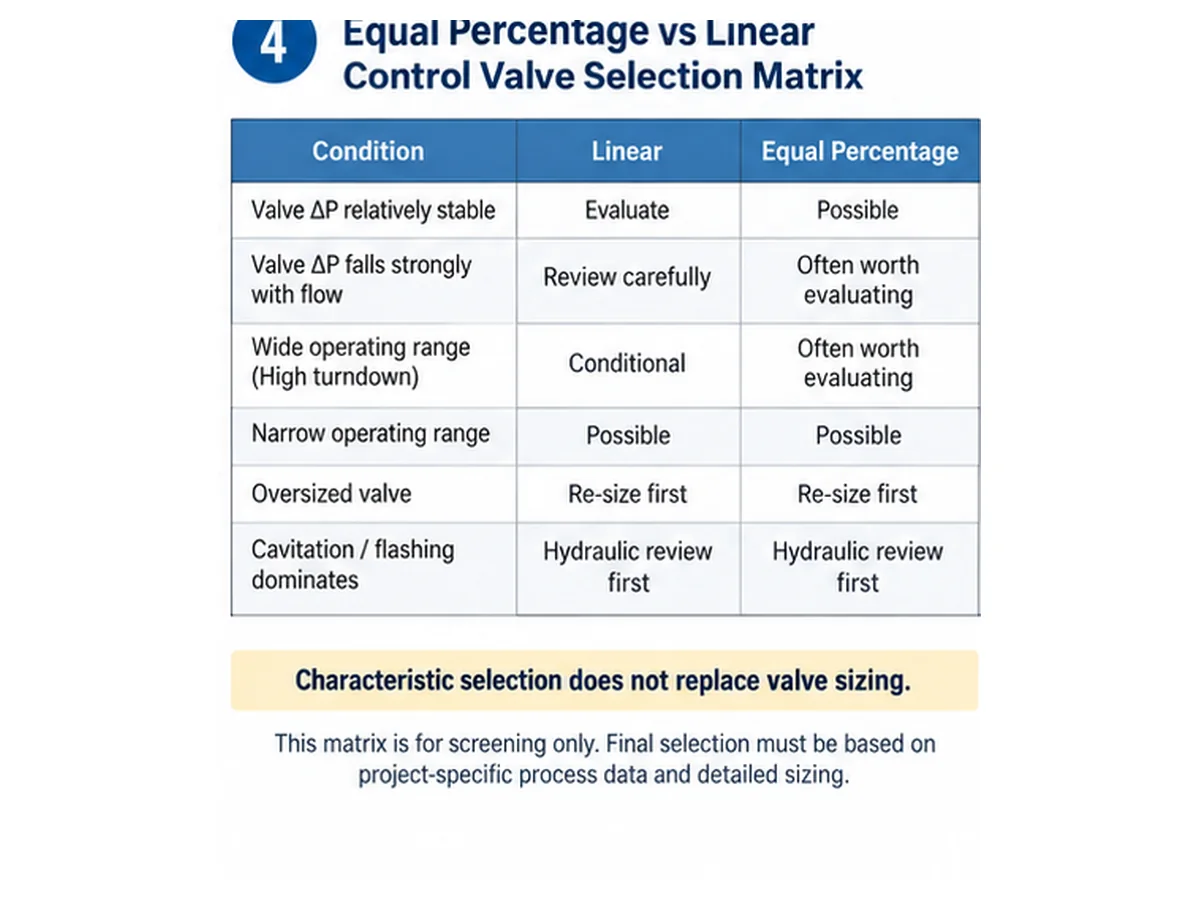 Equal percentage versus linear control valve selection matrix based on valve differential pressure and operating range