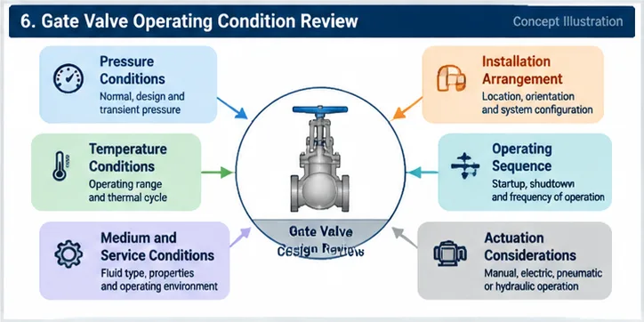 Gate valve operating condition review diagram showing pressure temperature and installation factors