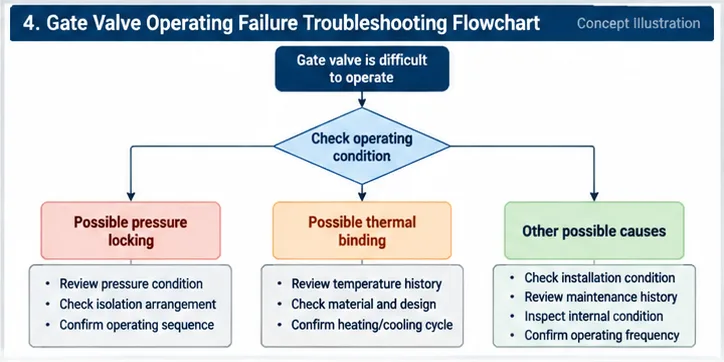 Gate valve operating failure troubleshooting flowchart for pressure locking and thermal binding review