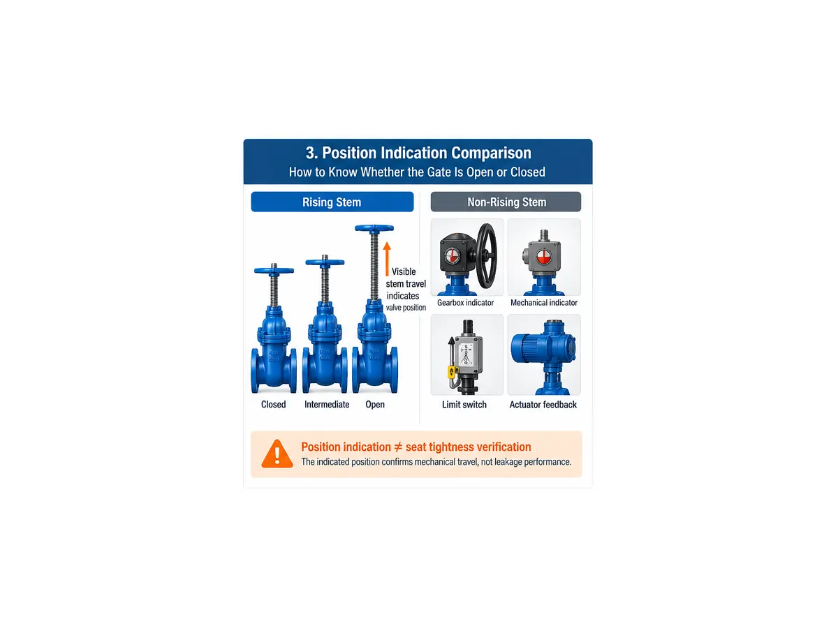 Gate valve position indication comparison for rising stem and non-rising stem designs