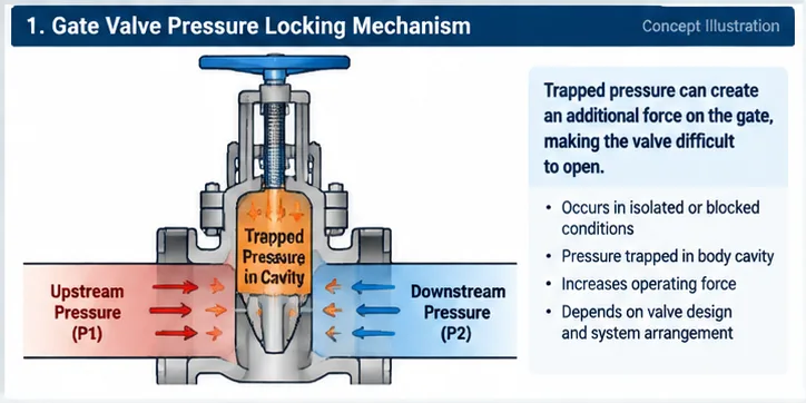 Gate valve pressure locking mechanism concept diagram showing trapped pressure effect on operating force