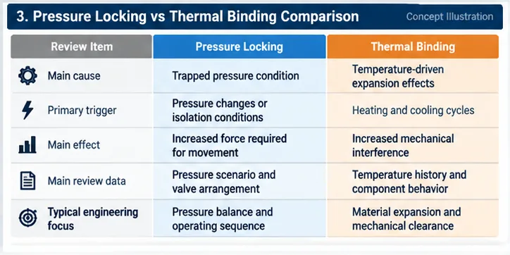 Gate valve pressure locking versus thermal binding comparison matrix