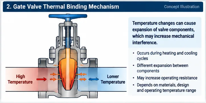 Gate valve thermal binding concept diagram showing temperature-related expansion effects