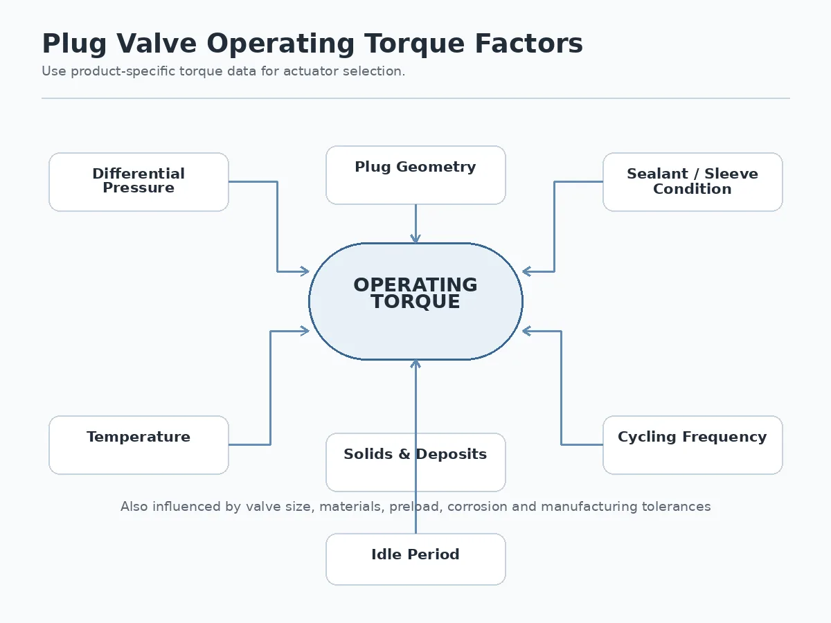 Engineering diagram showing factors that affect plug valve operating torque
