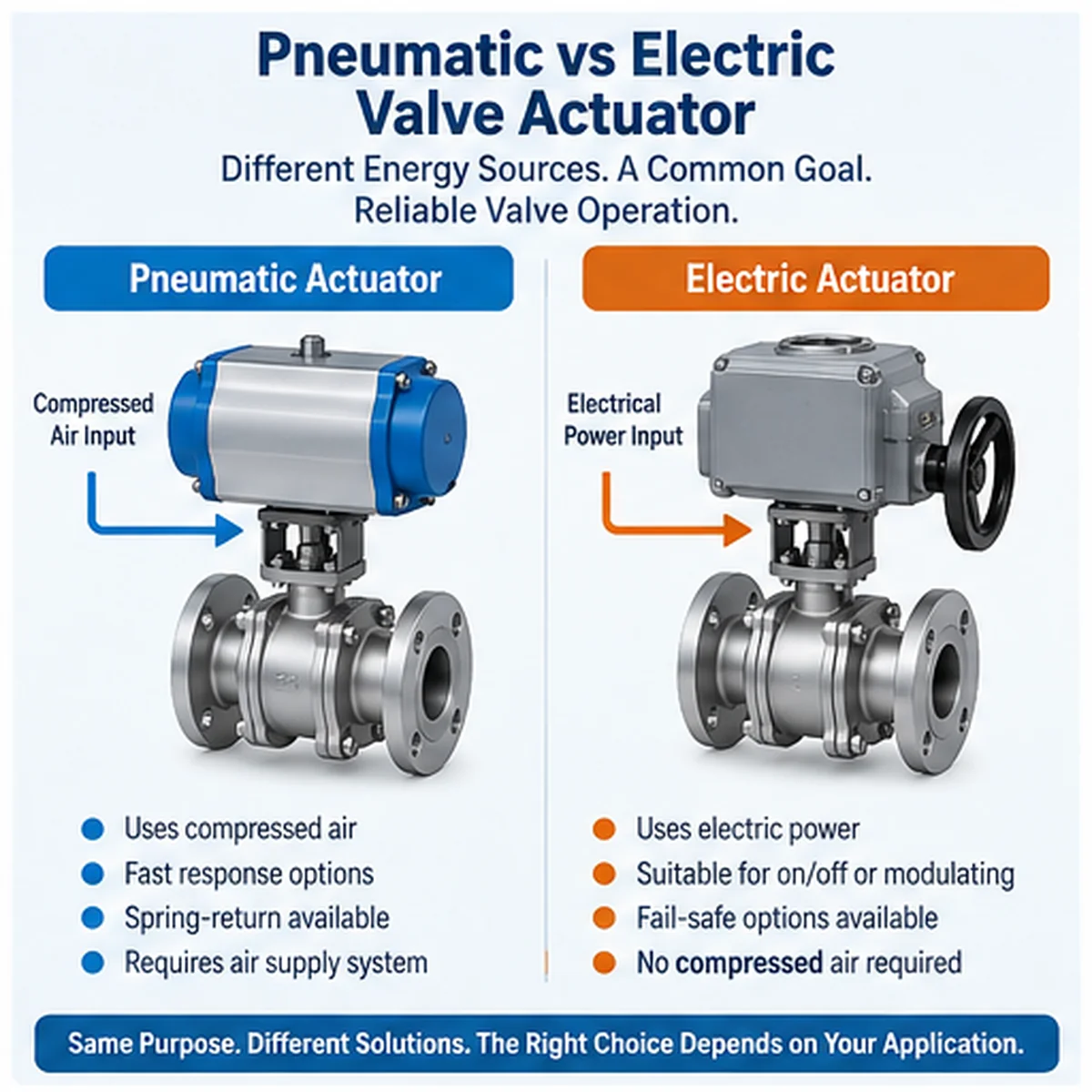 Pneumatic and electric valve actuator concepts shown side by side