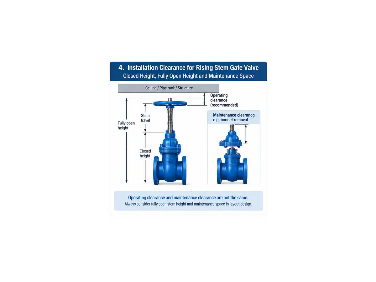Rising stem gate valve installation clearance showing fully open stem and maintenance space