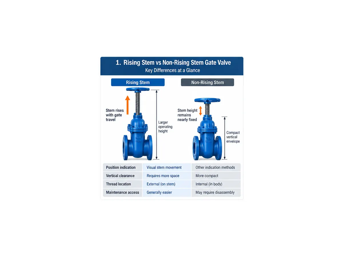Rising stem and non-rising stem gate valve comparison showing stem movement and installation height