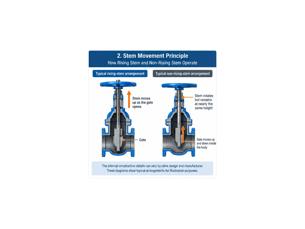 Gate valve stem movement schematic comparing rising stem and non-rising stem operation