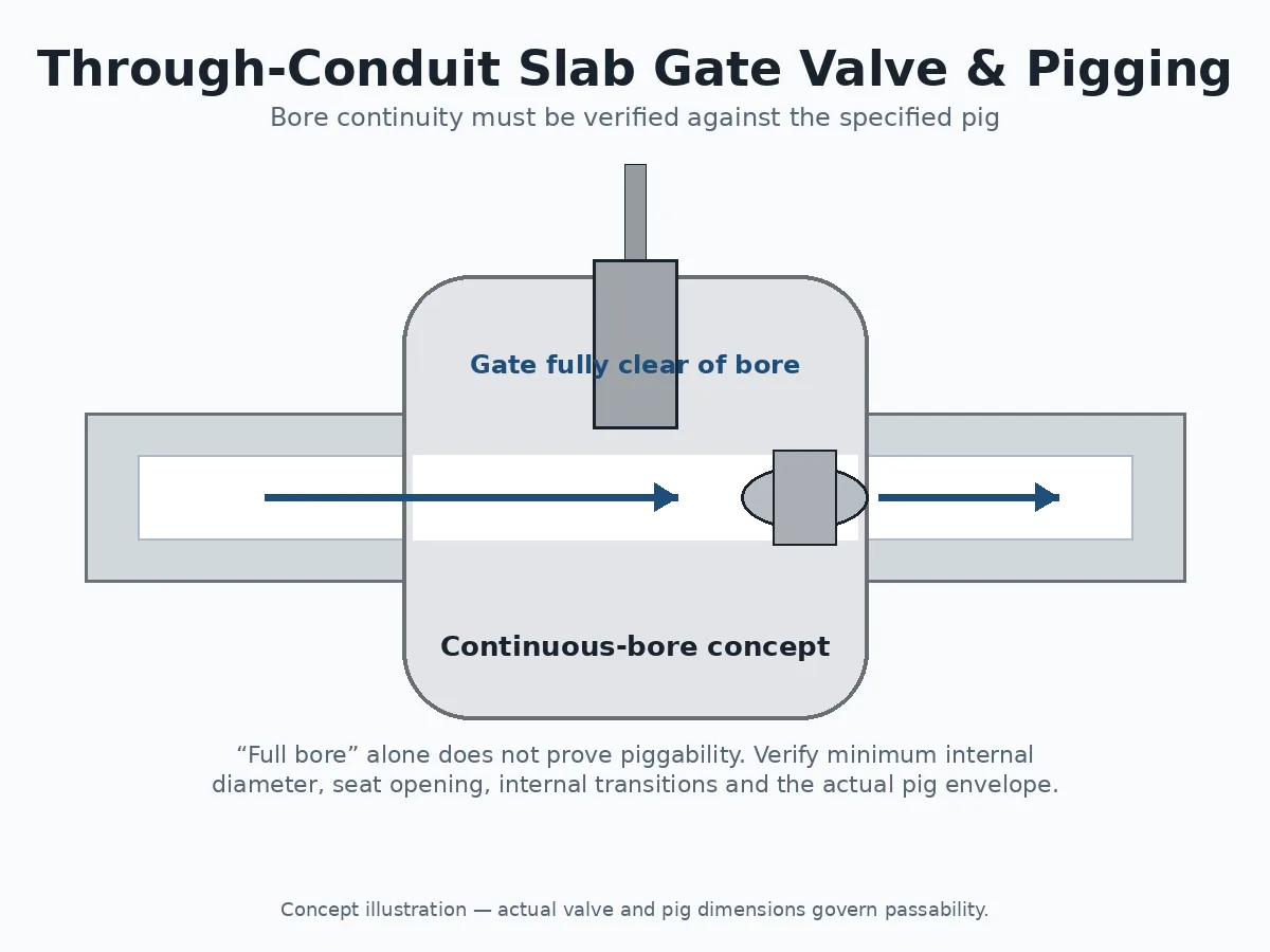 Through-conduit slab gate valve schematic showing continuous pipeline bore and pig passage