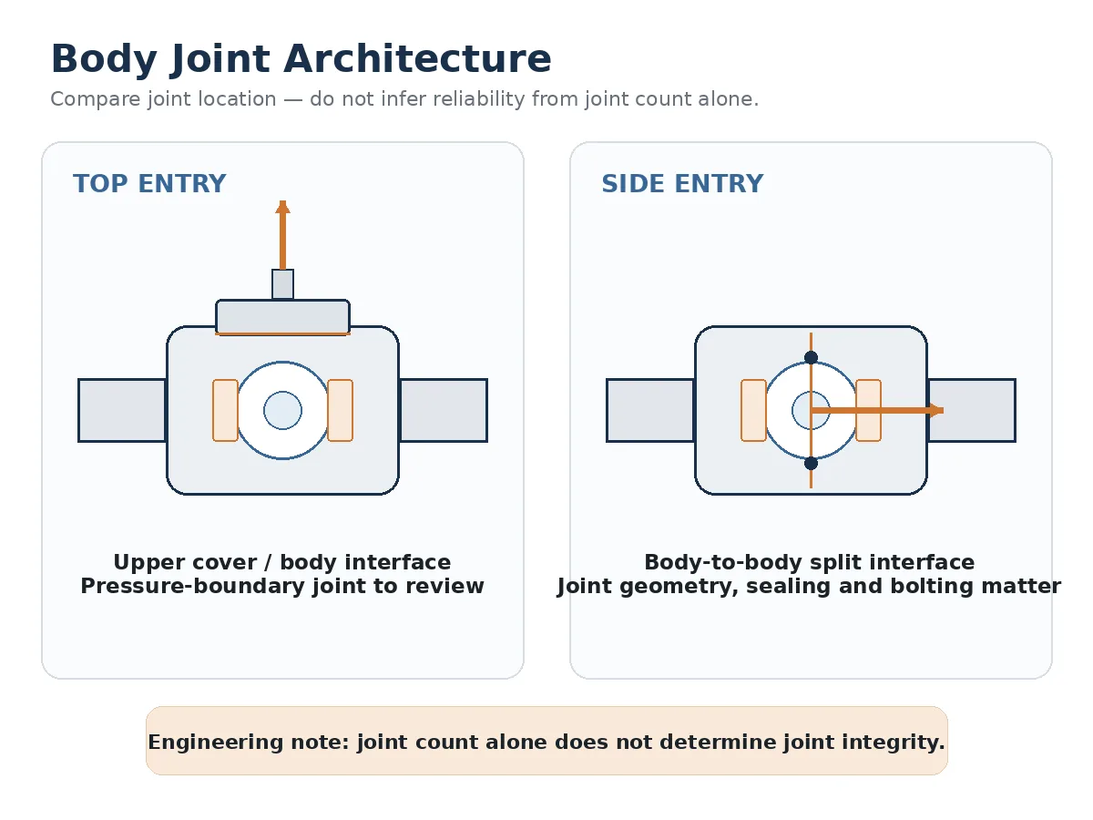 Top entry versus side entry ball valve diagram showing upper cover joint and split body joint locations
