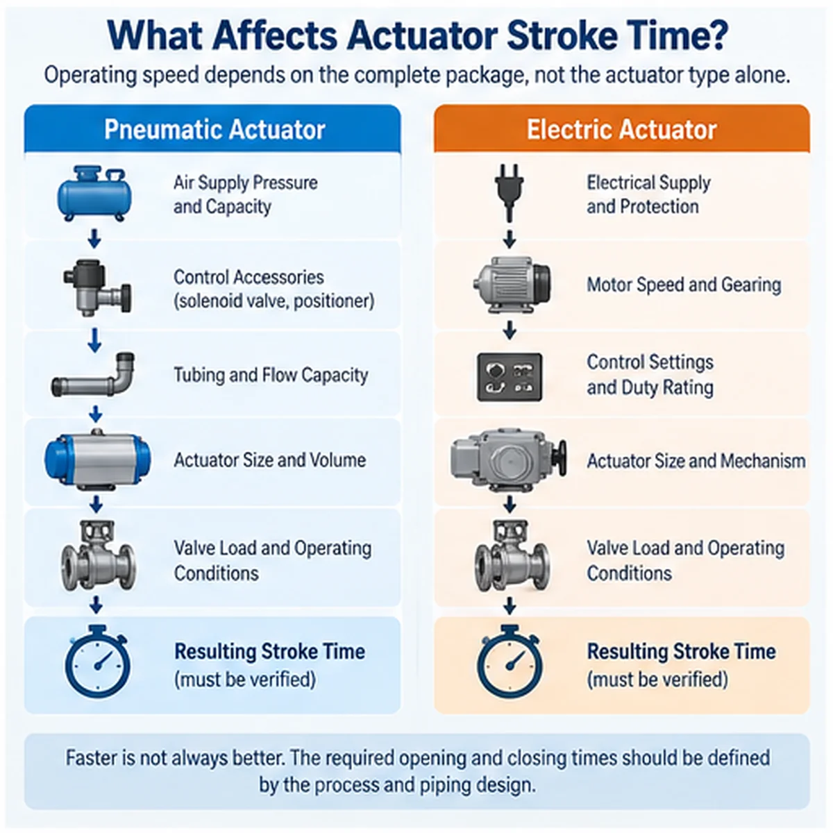 Factors affecting pneumatic and electric valve actuator stroke time