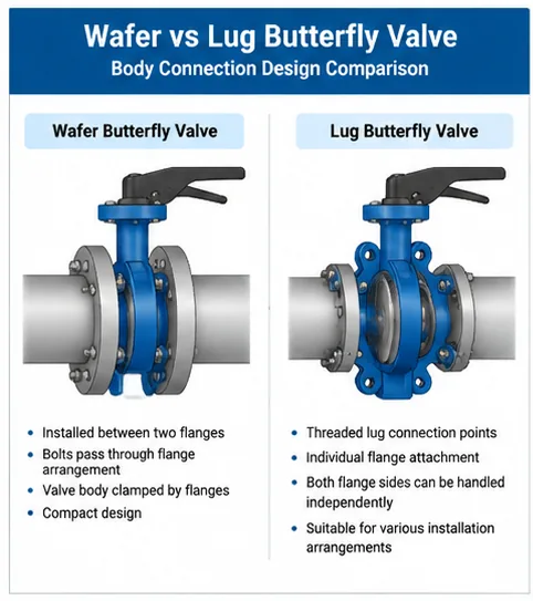 Wafer and lug butterfly valve body connection design comparison diagram