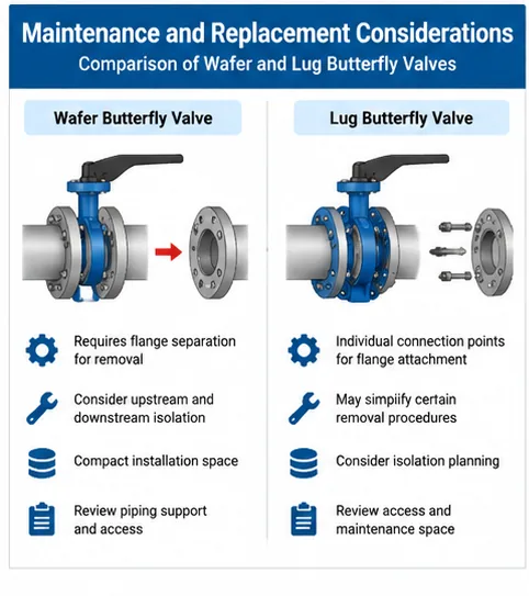 Wafer vs lug butterfly valve maintenance comparison Wafer and lug butterfly valve maintenance access comparison diagram
