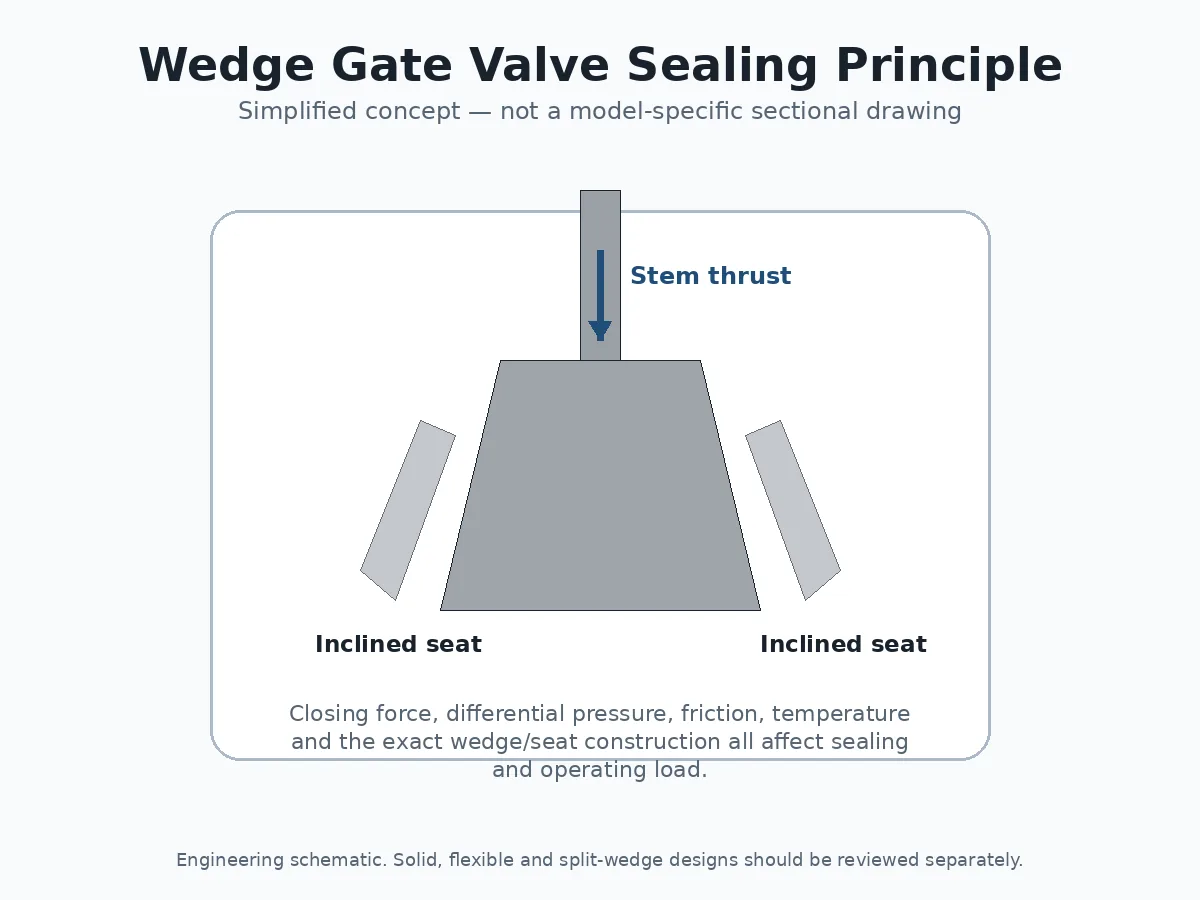 Simplified wedge gate valve sealing diagram showing inclined seats and closing thrust