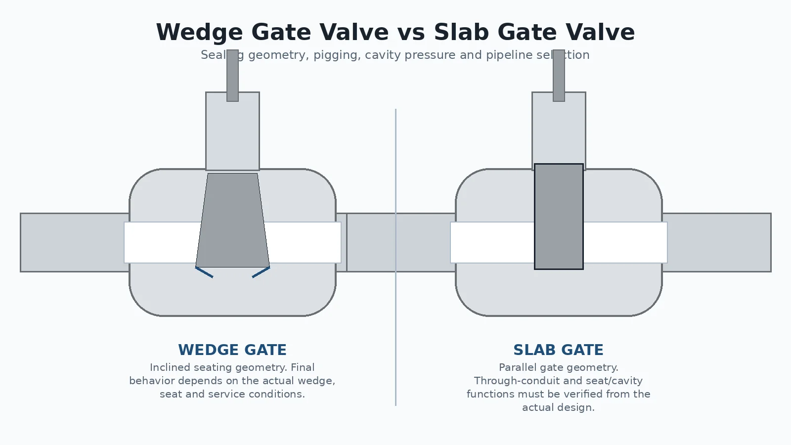 Wedge gate valve and slab gate valve structural comparison showing inclined and parallel gate concepts