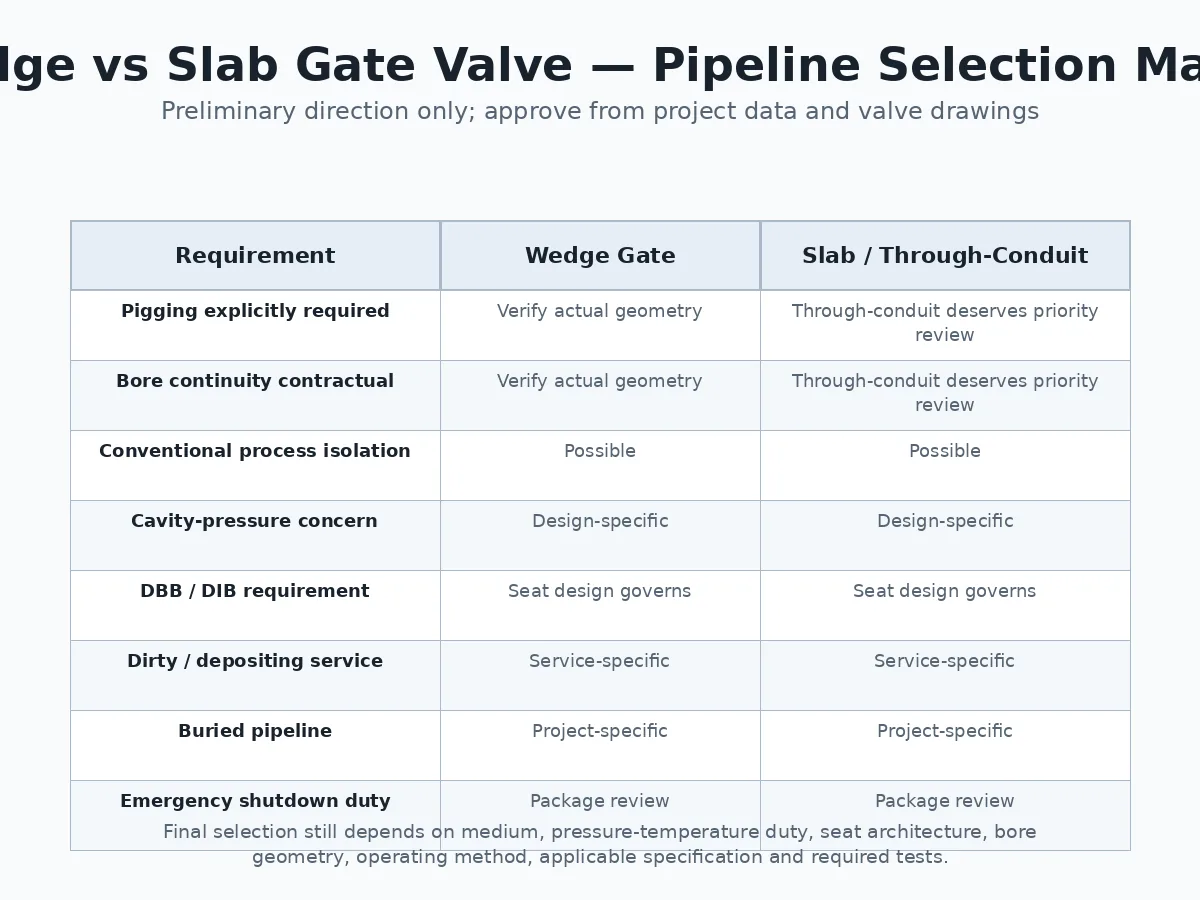 Wedge versus slab gate valve pipeline selection matrix for pigging, bore continuity and cavity pressure review