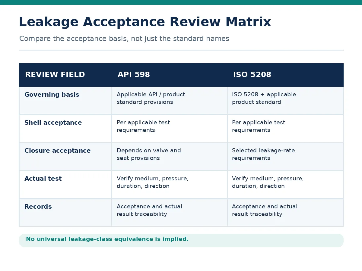 API 598 and ISO 5208 acceptance review matrix showing seat design, test conditions and documentation considerations