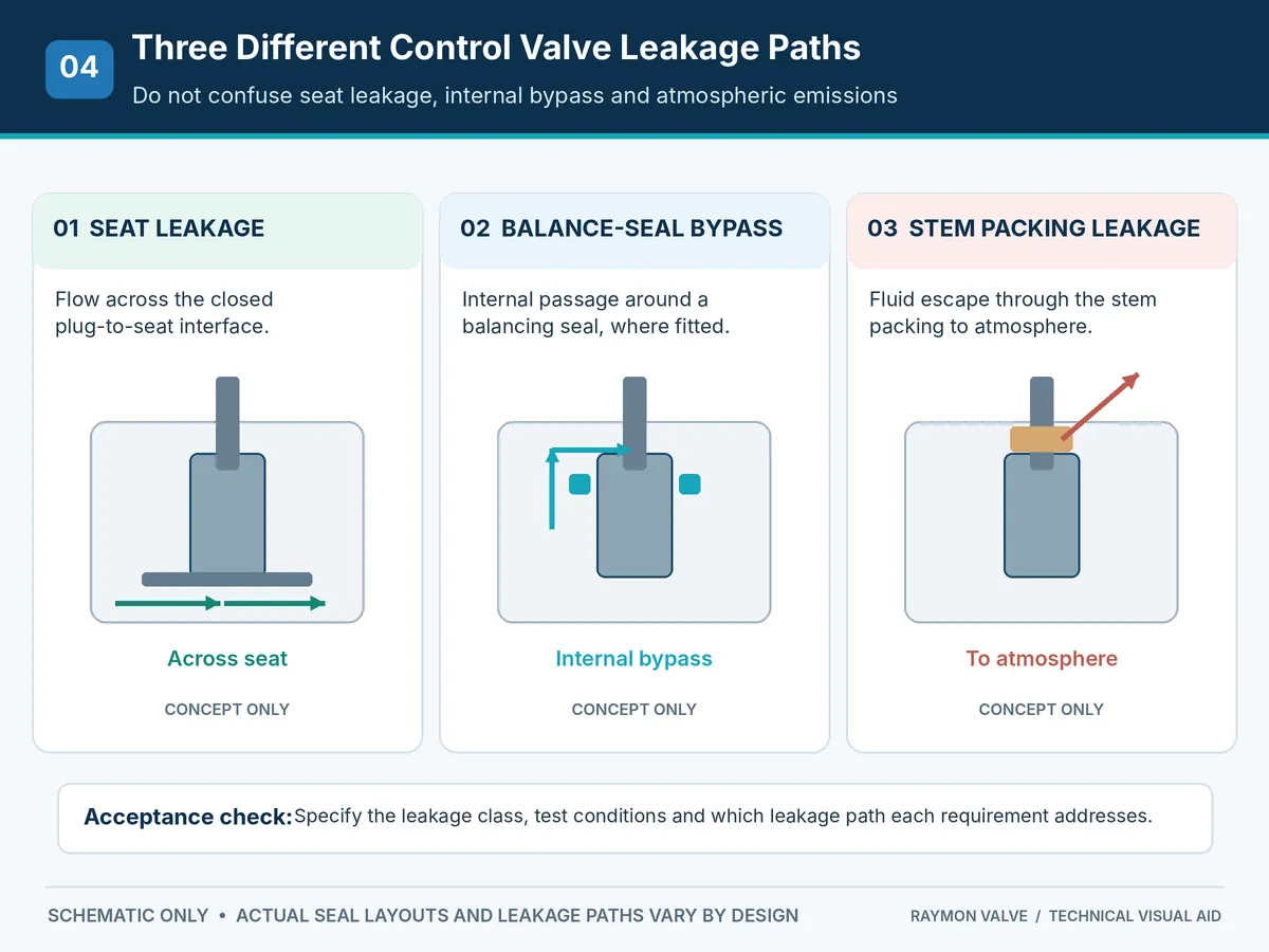 Conceptual distinction between control valve seat leakage, balancing-seal bypass and stem packing leakage