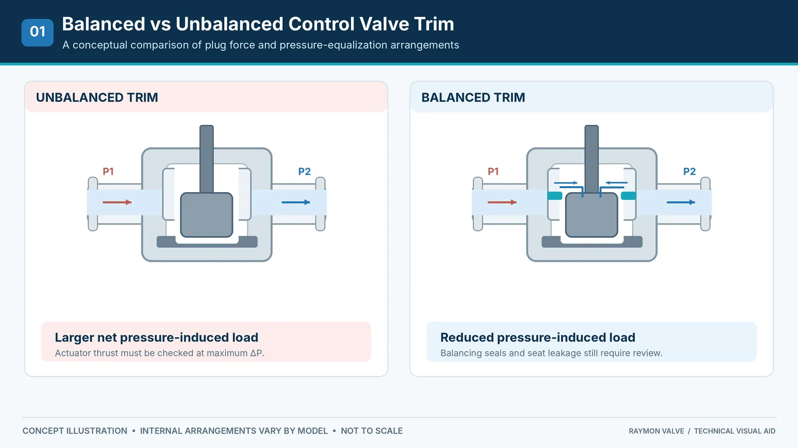 Conceptual comparison of balanced and unbalanced control valve trim pressure-force behavior
