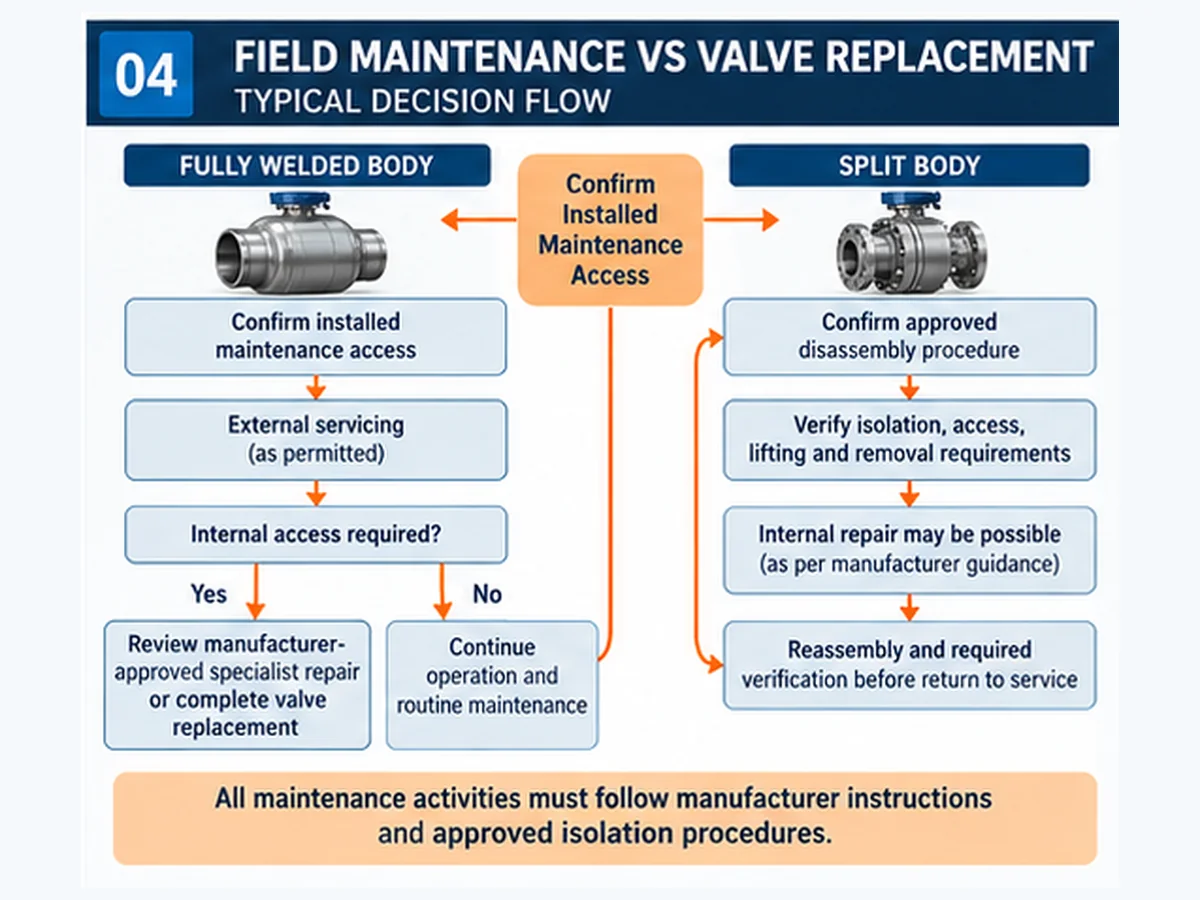 Decision flow for fully welded and split body valve maintenance or replacement