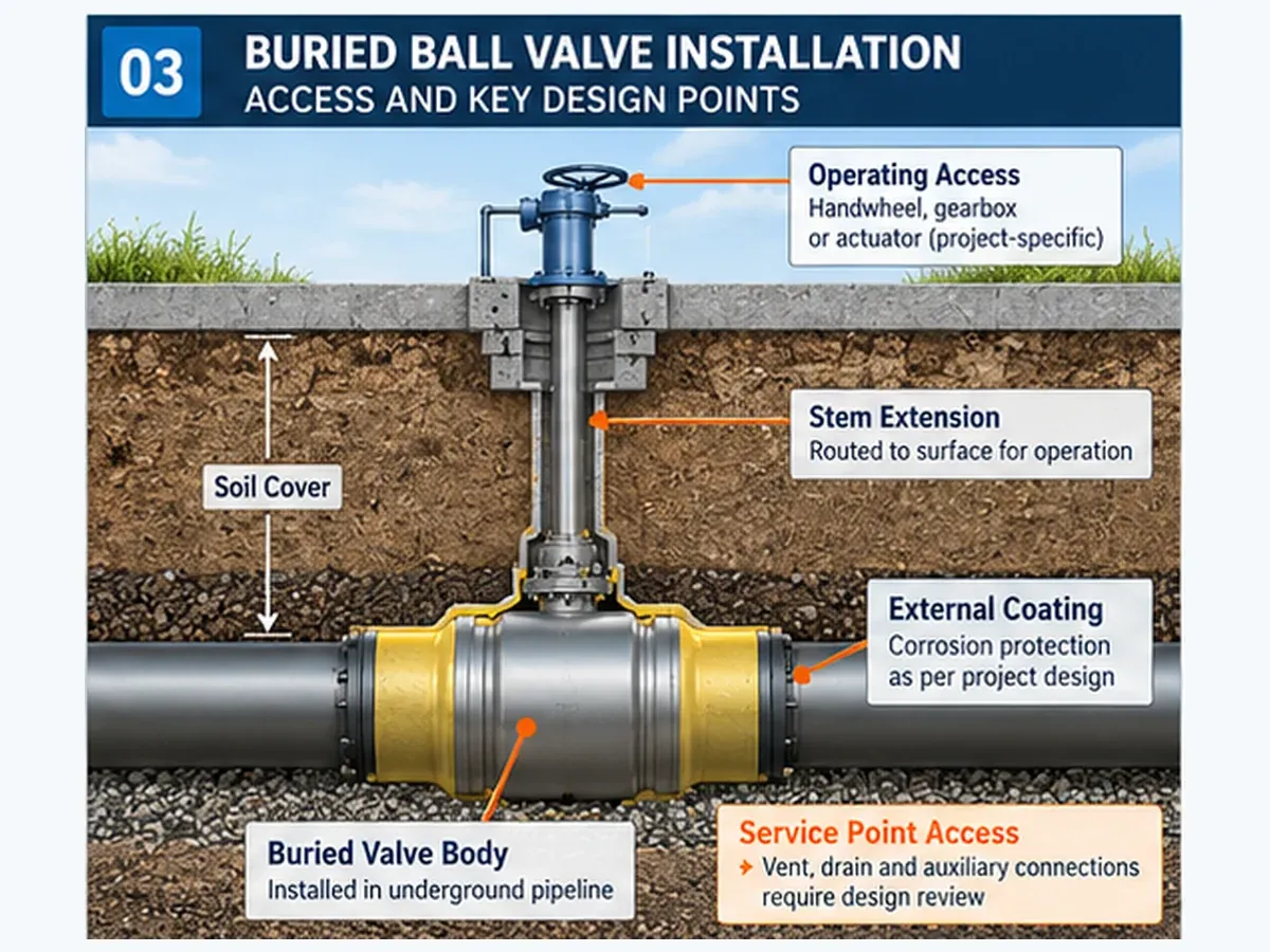 Buried pipeline ball valve with operating access stem extension and coating considerations