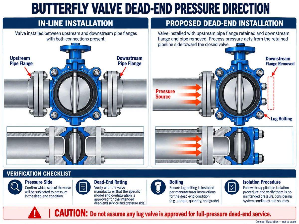 Lug butterfly valve in-line and proposed dead-end arrangements showing retained pressure side, removed downstream flange and rating verification.