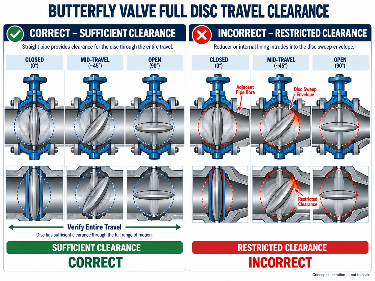 Butterfly valve disc sweep envelope showing how a nearby reducer or pipe lining may interfere with rotation.