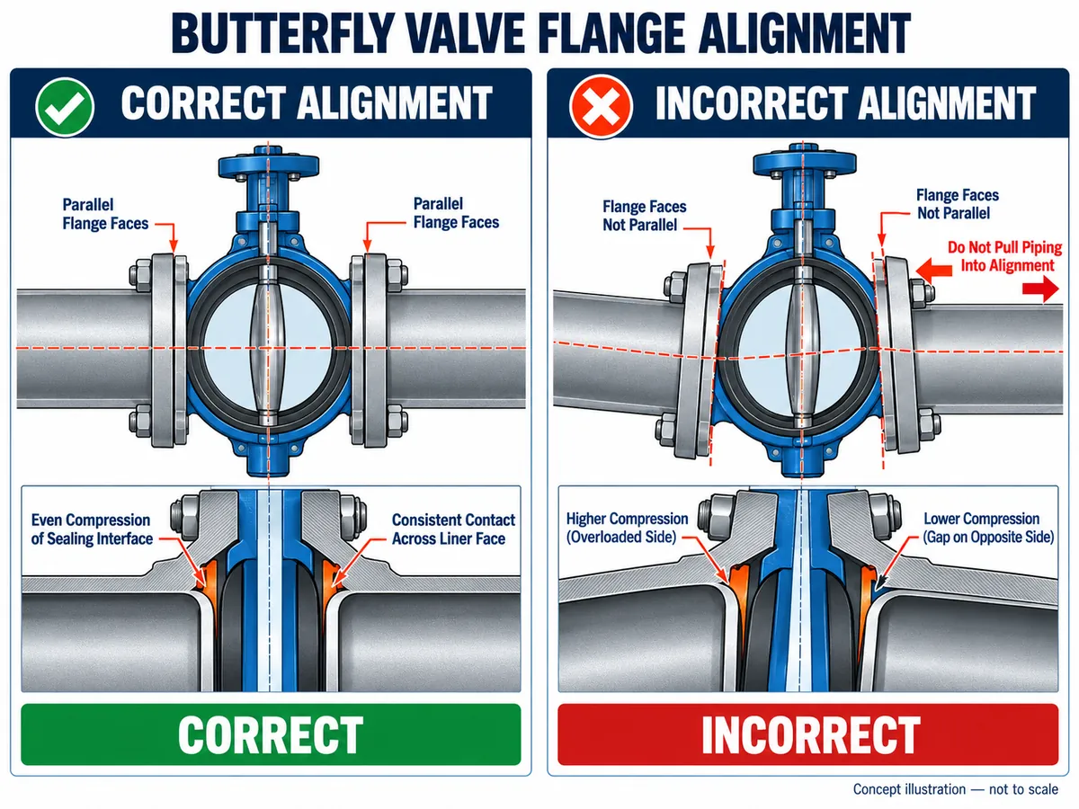 Correctly aligned butterfly valve flanges compared with offset and nonparallel flanges that can produce uneven sealing loads.