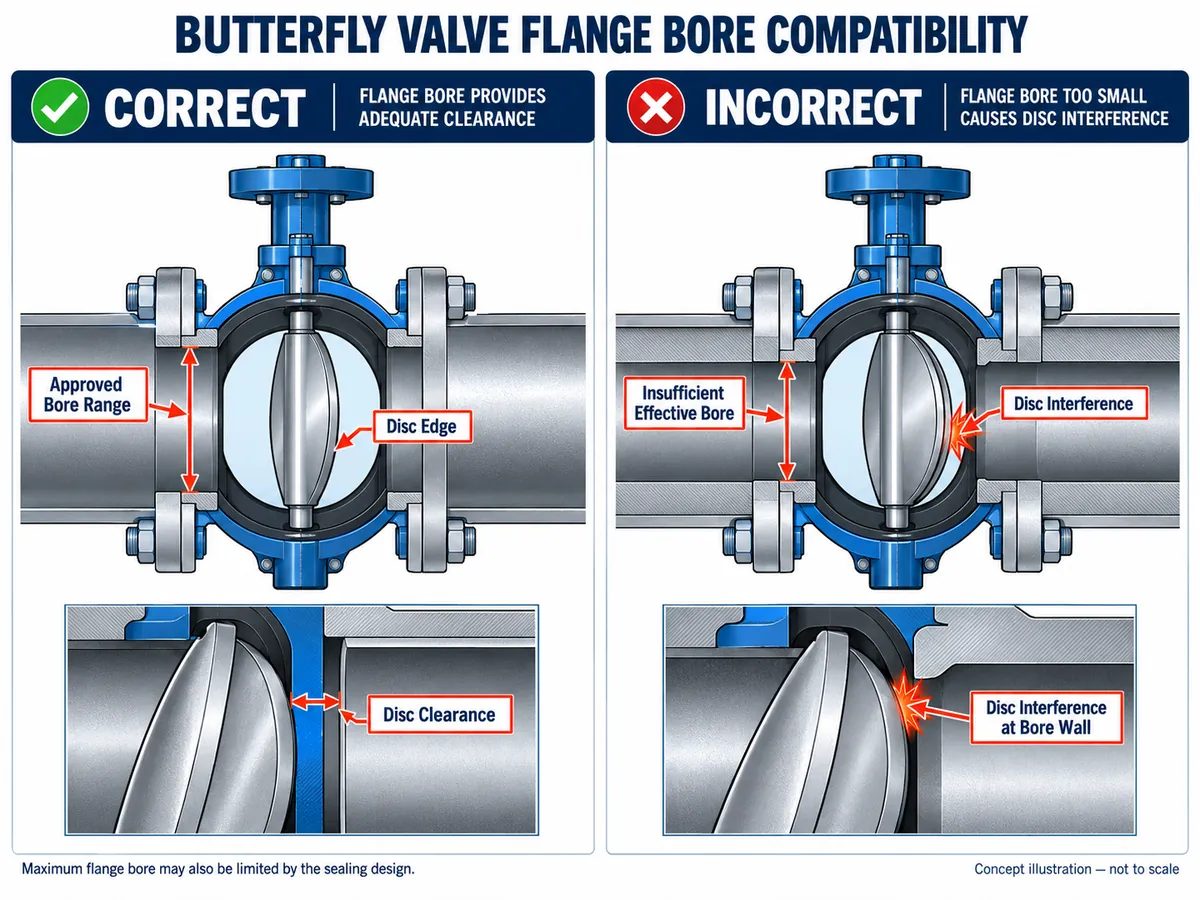 Correct and incorrect butterfly valve flange bore compatibility showing adequate clearance and disc interference with an undersized opening.