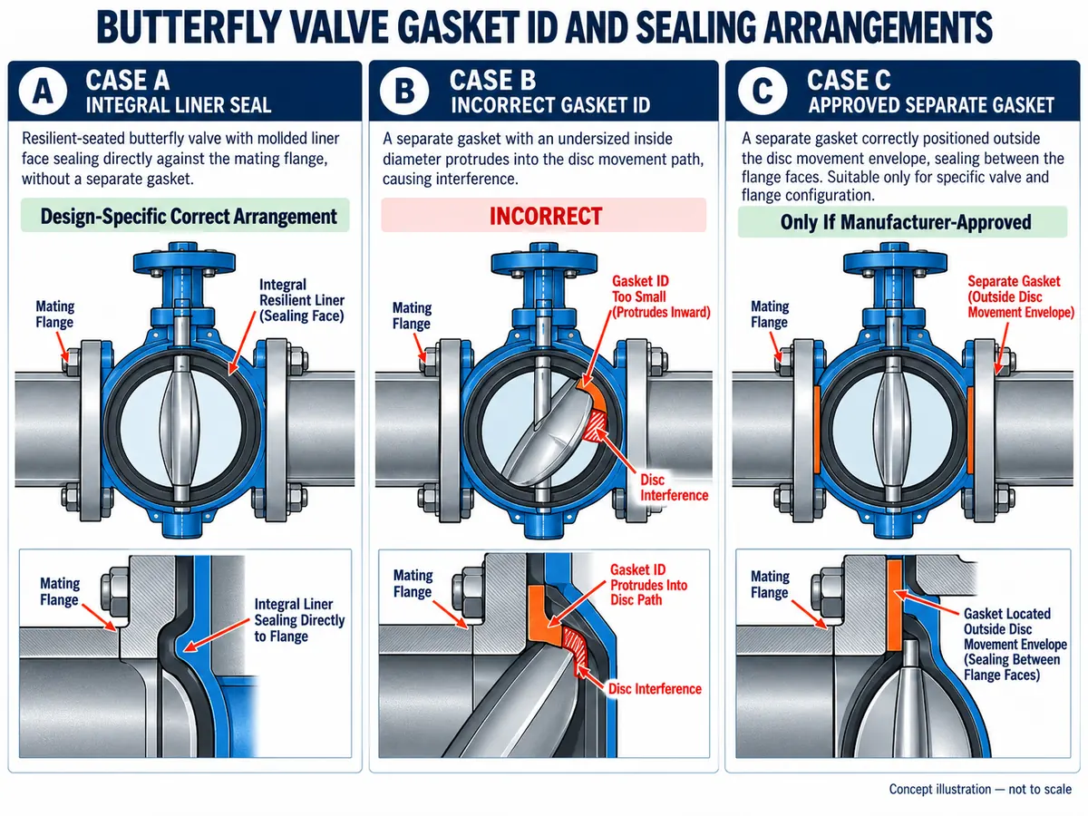 Butterfly valve gasket ID comparison showing integral liner sealing, an undersized gasket obstructing the disc and a conditionally approved separate gasket.