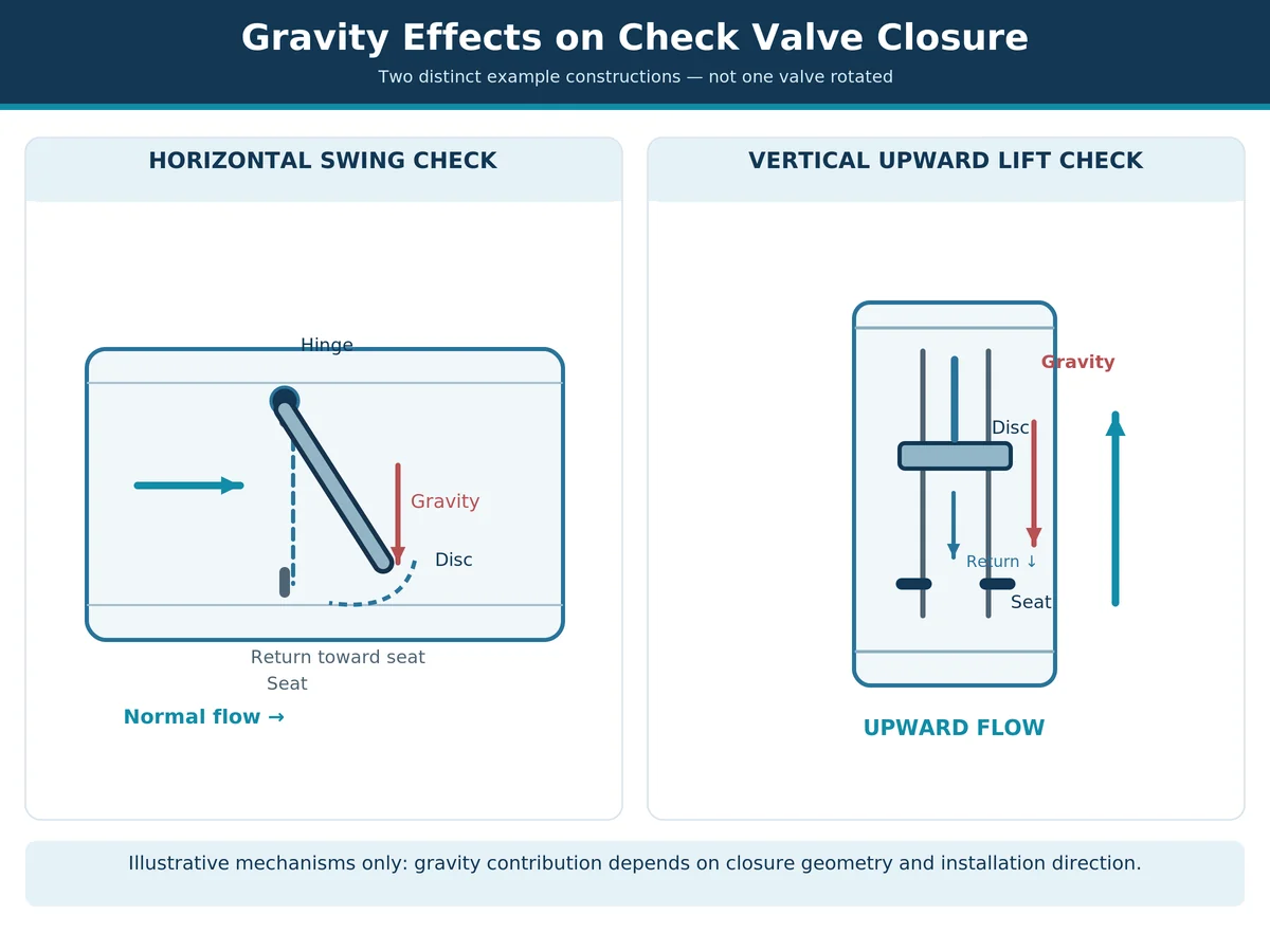 Engineering schematic illustrating gravity-assisted closing of a horizontal swing check valve and a vertical upward-flow guided lift check valve.