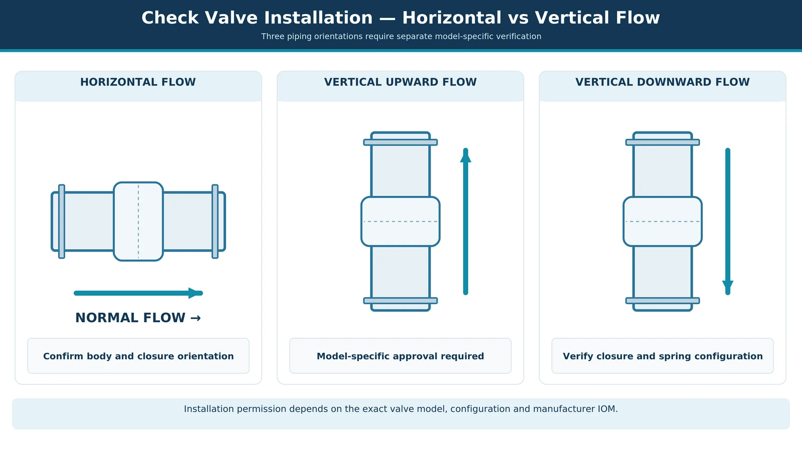 Horizontal check valve installation compared with vertical upward and downward flow orientations, showing normal flow direction and approval requirements.
