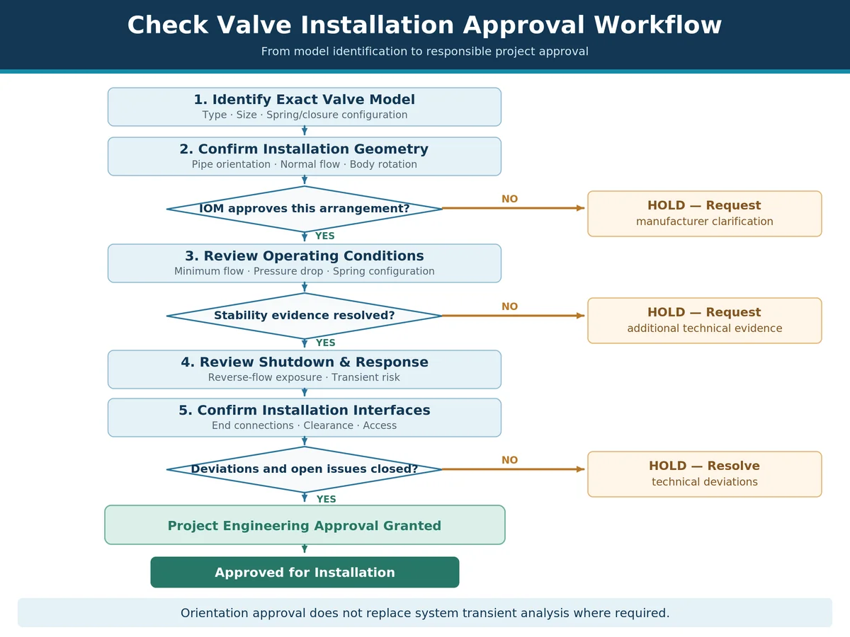 Check valve installation approval flowchart covering exact model identification, manufacturer IOM, flow stability, shutdown conditions and engineering sign-off.
