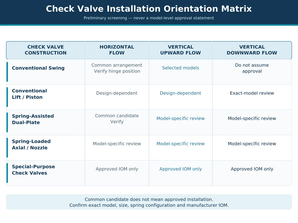 Check valve orientation screening matrix comparing swing, lift, dual-plate, axial-flow and special designs across horizontal and vertical flow directions.