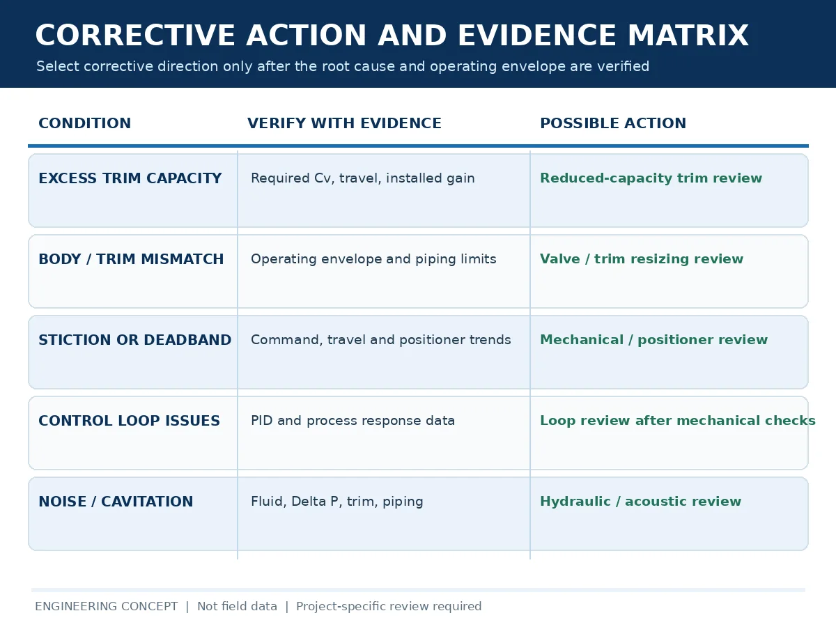 Conditional corrective-action matrix for excess valve capacity, friction, control-loop tuning and flow noise.