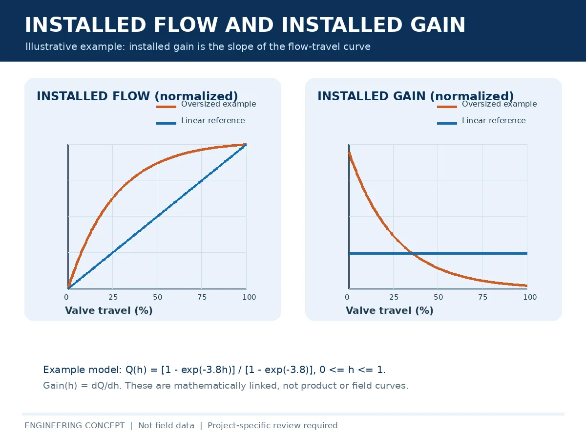 Illustrative installed flow and corresponding installed gain curves for a hypothetical control valve system.